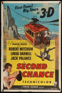 5r846 SECOND CHANCE 1sh '53 cool 3-D art of Robert Mitchum, sexy Linda Darnell & cable car!