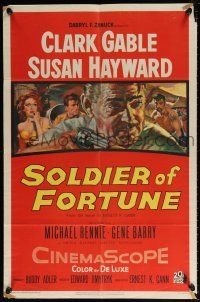 5r870 SOLDIER OF FORTUNE 1sh '55 art of Clark Gable shooting gun, plus sexy Susan Hayward!