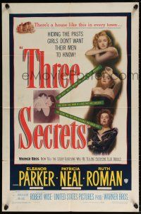 5r921 THREE SECRETS 1sh '50 trapped by her own glamour, don't judge them until you know!