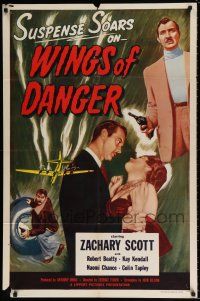 5r978 WINGS OF DANGER 1sh '52 Terence Fisher film noir, Zachary Scott, dramatic airplane art!