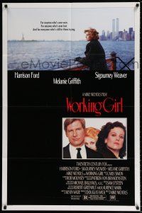 5r983 WORKING GIRL 1sh '88 Harrison Ford, Melanie Griffith looking over ocean by New York City!