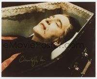 5t531 CHRISTOPHER LEE signed color 8x10 REPRO still '90s great Dracula close up laying in coffin!