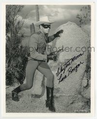 5t534 CLAYTON MOORE signed 8x10 REPRO still '90s great close up as the Lone Ranger with gun drawn!
