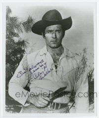 5t535 CLINT WALKER signed 8x9.75 REPRO still '80s in buckskin & holding knife from TV's Cheyenne!