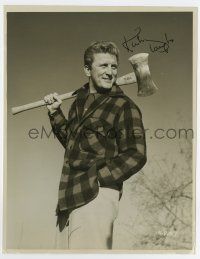 5t425 KIRK DOUGLAS signed 8x10 key book still '50s great close up in flannel shirt holding axe!
