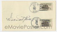 5t291 VINCENT PRICE signed 4x7 envelope with two cancellations '81 Vincent, Iowa and Price, Texas!