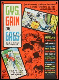 5y491 DAYS OF THRILLS & LAUGHTER Danish '61 Charlie Chaplin, Laurel & Hardy, cool train chase art!