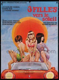 5y710 EROTIC URGE French 23x31 '68 art of three sexy barely-dressed girls on sports car by H. Majena