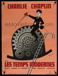 5y724 MODERN TIMES French 23x31 R70s Leo Kouper artwork of Charlie Chaplin on hat with gears!