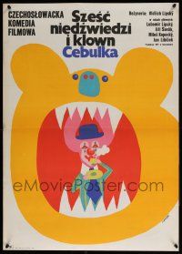 5y370 SIX BEARS & A CLOWN Polish 23x32 '73 Zbikowski art of creepy clown & bear from Czech circus!