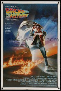 5z093 BACK TO THE FUTURE 1sh '85 Zemeckis, Drew art of Michael J. Fox & Delorean!