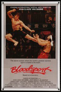 5z136 BLOODSPORT 1sh '88 cool image of Jean Claude Van Damme kicking Bolo Yeung in his huge pecs!