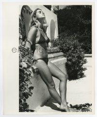 6a777 TARYN POWER 8.25x10 still '70s the sexy actress in skimpy bikini leaning on wall in the sun!
