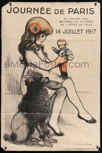 6b672 JOURNEE DU PARIS 32x47 French WWI war poster '17 Poulbot art of girl playing w/ toy soldier!