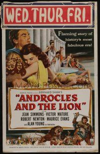 6b186 ANDROCLES & THE LION WC '52 artwork of Victor Mature holding Jean Simmons in Ancient Rome!