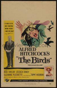 6b221 BIRDS WC '63 Alfred Hitchcock, Tippi Hedren, classic art of attacking avians!