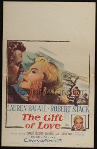 6b320 GIFT OF LOVE WC '58 great romantic close up art of Lauren Bacall & Robert Stack!