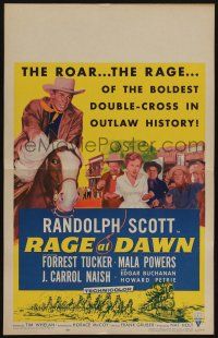 6b494 RAGE AT DAWN WC '55 cool artwork of outlaw hunter Randolph Scott on horseback!