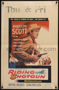 6b507 RIDING SHOTGUN WC '54 great image of cowboy Randolph Scott with smoking gun!