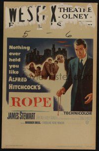 6b517 ROPE WC '48 great image of James Stewart holding the rope, Alfred Hitchcock classic!