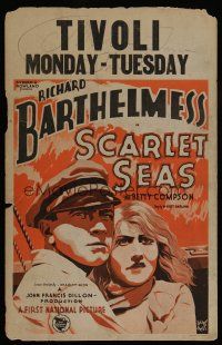 6b526 SCARLET SEAS WC '28 close up art of Richard Barthelmess & scared Betty Compson, lost film!