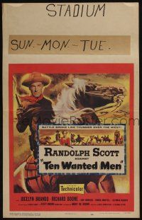 6b596 TEN WANTED MEN WC '54 cool artwork of cowboy Randolph Scott with smoking gun on horse!