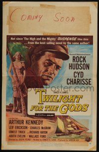 6b622 TWILIGHT FOR THE GODS WC '58 great artwork of Rock Hudson & sexy Cyd Charisse on beach!