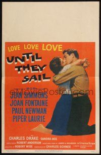 6b631 UNTIL THEY SAIL WC '57 great romantic close up of Paul Newman & sexy Jean Simmons!