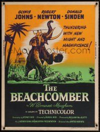 6c188 BEACHCOMBER 30x40 '55 Glynis Johns & Robert Newton, wild elephant stampede art!