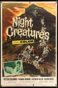 6c478 NIGHT CREATURES 40x60 '62 Hammer, great horror art of skeletons riding skeleton horses!