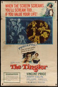 6c522 TINGLER 40x60 '59 Vincent Price, William Castle, terrified audience, presented in Percepto!