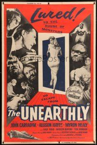 6c526 UNEARTHLY 40x60 '57 John Carradine & sexy Sally Todd lured to the house of monsters!