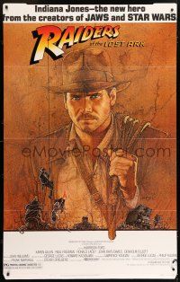 6c162 RAIDERS OF THE LOST ARK 37x58 standee '81 great art of adventurer Harrison Ford by Amsel!