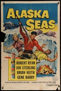 6f026 ALASKA SEAS 1sh '54 cool art of Robert Ryan attacking man with harpoon!