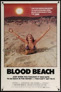 6f091 BLOOD BEACH 1sh '81 classic Jaws parody image of sexy girl in bikini sinking in quicksand!