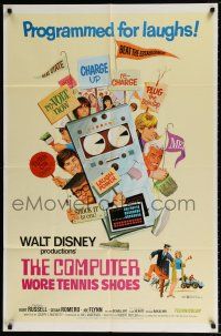 6f186 COMPUTER WORE TENNIS SHOES revised 1sh '69 Disney, art of young Kurt Russell & wacky machine!