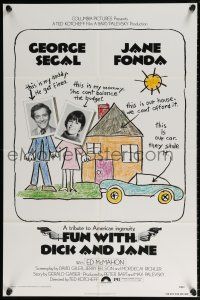 6f325 FUN WITH DICK & JANE 1sh '77 George Segal, Jane Fonda, great child's drawing poster art!