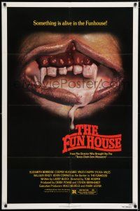 6f327 FUNHOUSE 1sh '81 Tobe Hooper, creepy close up of drooling mouth with nasty teeth!