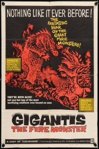 6f349 GIGANTIS THE FIRE MONSTER 1sh '59 cool art of Godzilla breathing flames at Angurus!