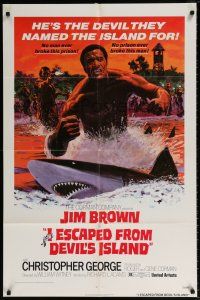 6f445 I ESCAPED FROM DEVIL'S ISLAND 1sh '73 cool art of Jim Brown swimming w/sharks!