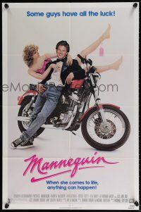 6f567 MANNEQUIN 1sh '87 great image of Andrew McCarthy & fake Kim Cattrall on motorcycle!