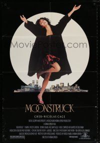 6f602 MOONSTRUCK 1sh '87 huge image of Cher in front of New York City skyline!