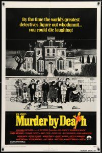 6f613 MURDER BY DEATH yellow style 1sh '76 Charles Addams art of cast by dead body & spooky house!