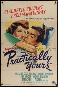 6f689 PRACTICALLY YOURS style A 1sh '44 Claudette Colbert hugging Air Force pilot Fred MacMurray!