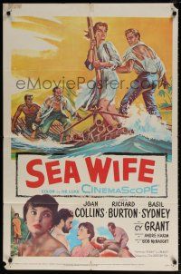 6f764 SEA WIFE 1sh '57 great castaway artwork of sexy Joan Collins & Richard Burton on raft at sea!
