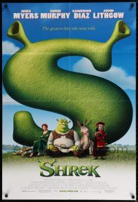 6f791 SHREK DS 1sh '01 great image of top cast sitting in front of giant S!