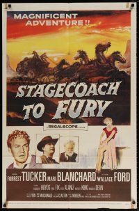 6f813 STAGECOACH TO FURY 1sh '56 pretty Marie Blanchard & Forrest Tucker in magnificent adventure!