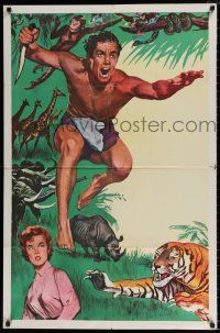 6f853 TARZAN 1sh '60s cool jungle action art of Tarzan, Jane & wild animals!