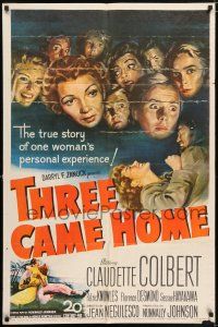 6f884 THREE CAME HOME 1sh '49 artwork of Claudette Colbert & prison women without their men!