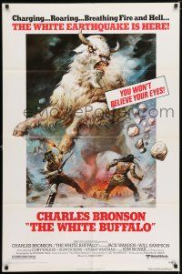 6f973 WHITE BUFFALO 1sh '77 Charles Bronson, great Boris Vallejo action art of giant buffalo!